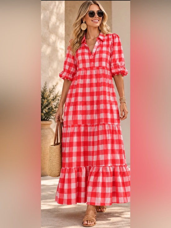 ACG Los Angeles Dresses & Skirts - Red and White Gingham Maxi Dress with Tiered Skirt